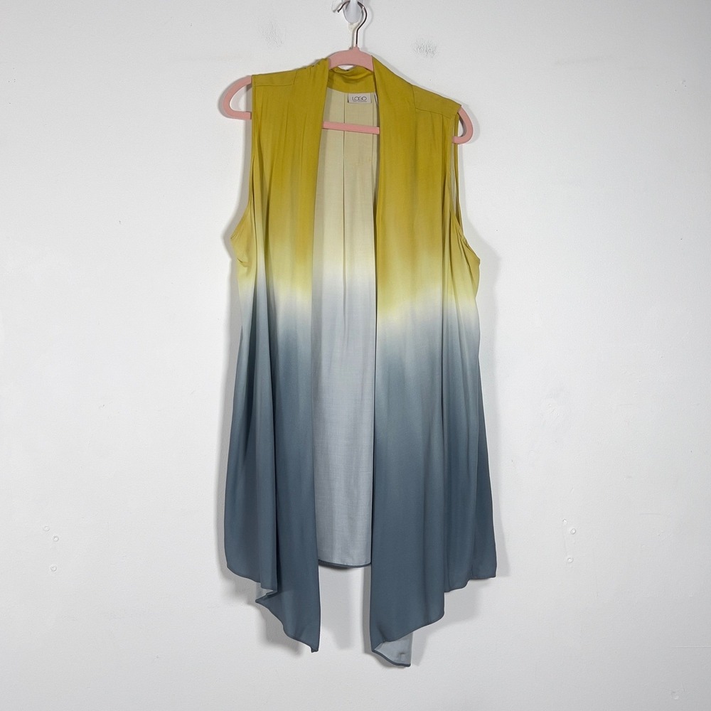 LOGO Lori Goldstein Vest Women 1X Yellow Blue Ombre Open Front Draped Rayon Top